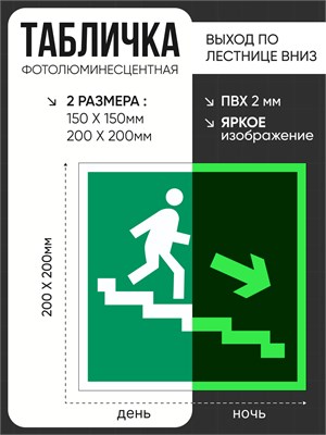 E13 Направление к эвакуационному выходу по лестнице вниз (направо)  табличка фотолюминесцентная  ПВХ-2мм E13tf