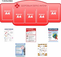 Стенд Здоровый образ жизни с вложениями о ЗОЖ -5шт (формат А4)  (фигурный)  1300 х 560 пластик 3мм, карманы А4-5шт. (цвет красный) ЗОЖ81