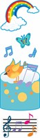 Стенд «Веселые нотки». пластик 3 мм.  радуга 400 х 320., Бабочка 170 х 160., нотка маленькая 90 х 120-2 шт., желтая птичка 400 х 520, нотки 380 х 250 . размер общий 400 х 1400мм