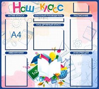 Стенд Наш класс размер 1000 х 800 пластик 3 мм с карманами А4 5шт 05165