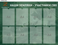 Стенд Наши земляки участники СВО размер 1000 х 750 пластик 3 мм с карманами А4 8шт