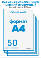 Карман для стенда А4 вертикальный 50 шт. со скотчем, синий кант, ПЭТ-0,3мм