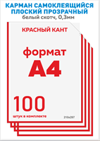 Карман для стенда А4 вертикальный 100 шт. со скотчем, красный кант, ПЭТ-0,3мм