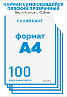 Карман для стенда А4 вертикальный 100 шт. со скотчем, синий кант, ПЭТ-0,3мм